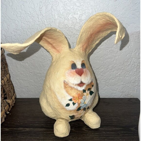 Paper Mache Easter Bunny Rabbit Hand Painted Big Floppy Ears 9” Flowers Art - Picture 2 of 6